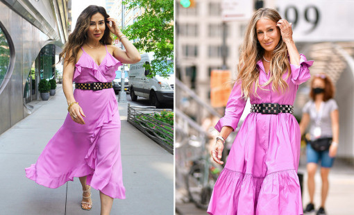 Bianca Jade and Sarah Jessica Parker side by side wearing similar lilac purple colored ruffled dresses.
