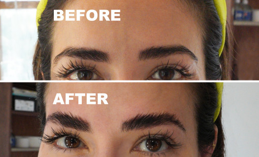 Before and After photos of Eyebrow Lamination Treatment.